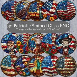 Patriotiskt glaspaket, 32 amerikanska flaggor med målat glas PNG, sublimeringsclipart med USA-flaggan och vindspinnare, patriotisk solfångare PNG