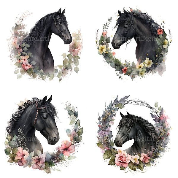 Cheval noir aquarelle avec couronne de fleurs Sublimation PNG, Black Horse Digital Clipart, Black Horse Printable Wall art