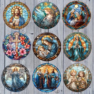 May include: Nine round stained glass window designs featuring religious scenes. The designs include a cross with flowers, the nativity, the Virgin Mary, angels, and the three wise men.