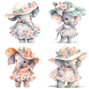 Elefante bebê aquarela em um vestido de flor clipart digital, elefante bebê sublimação PNG, elefante em um vestido para impressão decoração de quarto de berçário