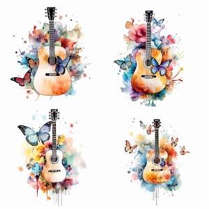 Aquarel akoestische gitaar met vlinders digitale clipart, gitaar sublimatie PNG, akoestische gitaar afdrukbare muurkunst
