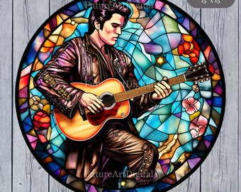 Stained Glass Elvis Presley Digital Clipart, Elvis Sublimation PNG, Stained Glass Elvis Printable Wall art