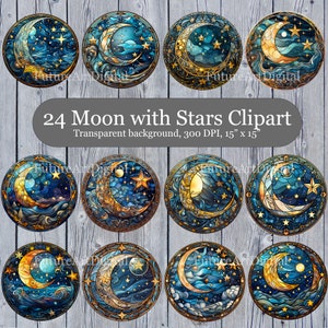 24 枚のステンドグラスの月と星のデジタル クリップアート、月と星のコースター バンドル PNG、星と月の印刷可能な壁アート