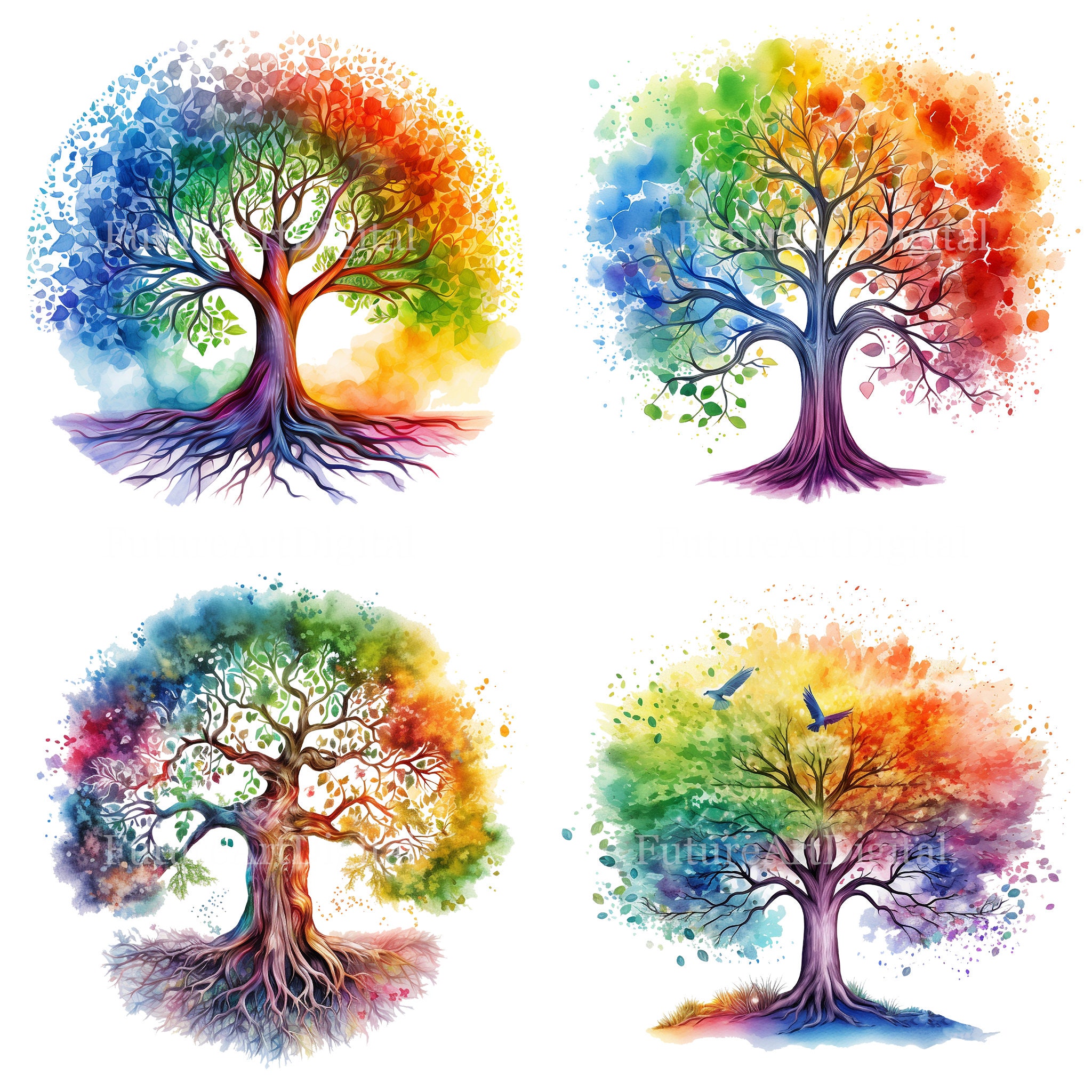 【絵画】『SerenaArt』 Rainbow Tree「虹の木」 Watercolor Rainbow Tree of Life Sublimation PNG, Tree of Life