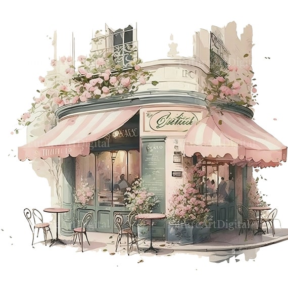 深沢証明【パリのカフェ・ル・レンタス】希少画集画、状態良好 水彩画のパリ カフェ デジタル クリップアート、パリ コーナー カフェ