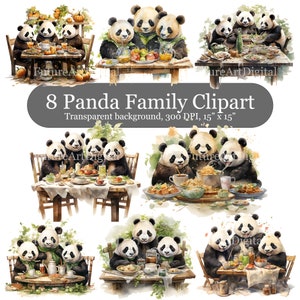 8 aquarel Panda familie digitale clipart, Panda familie aan tafel digitale junk Journal PNG, Panda familie scrapbooking kunst