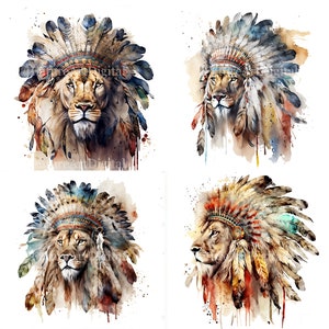 León de acuarela con sublimación de tocado indio PNG, arte de pared imprimible de león indio, imágenes prediseñadas digitales de león indio