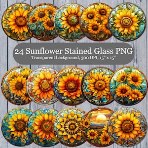 24 Sunflower Stained Glass Clipart, Sunflower Wind Spinner PNG, Sunflower Coaster Sublimation, Sun Flower Sun Catcher PNG, Digital Download