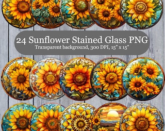 24 Zonnebloem Gebrandschilderd Glas Clipart, Zonnebloem Wind Spinner PNG, Zonnebloem Coaster Sublimatie, Zon Bloem Zon Catcher PNG, Digitale Download