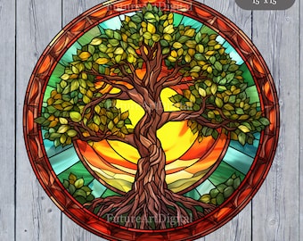 Glas in lood boom des levens digitale clipart, levensboom afdrukbare kunst aan de muur, gebrandschilderd glas levensboom digitale kunst aan de muur