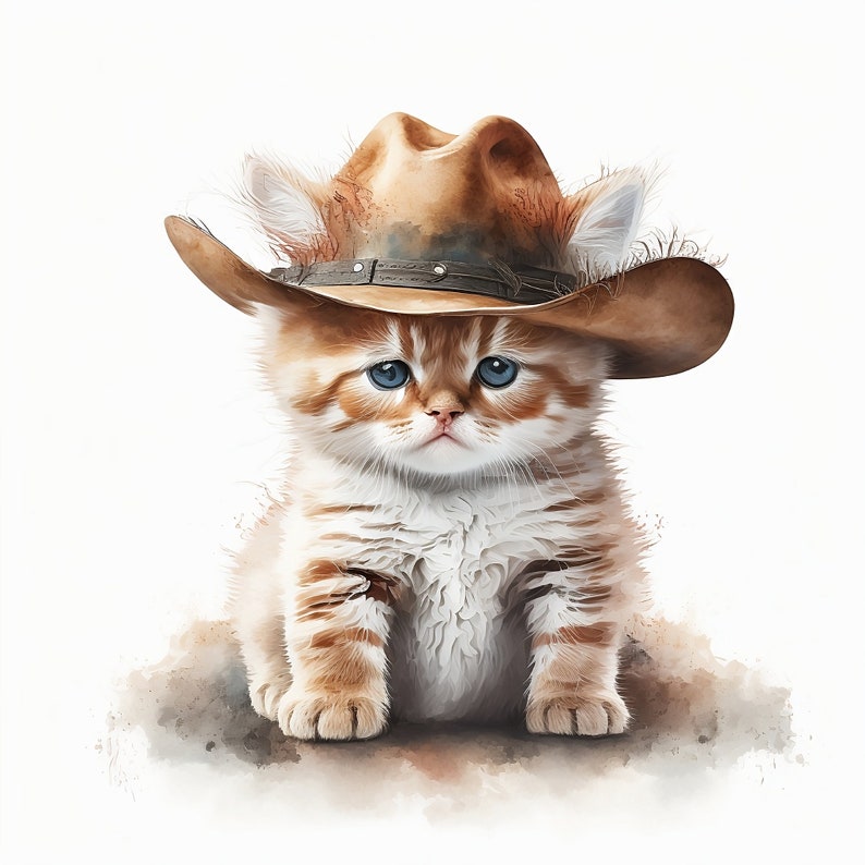 Puede incluir: Un lindo gatito naranja y blanco con un sombrero de vaquero marr&oacute;n con una banda de cuero marr&oacute;n. El gatito est&aacute; sentado en una superficie marr&oacute;n claro con un fondo blanco.