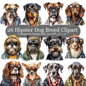 May include: 26 digital illustrations of different dog breeds wearing hipster clothing and sunglasses. The illustrations are on a transparent background.  The text "26 Hipster Dog Breed Clipart" and "Transparent background, 300 DPI, 15" x 15" " is included in the image.