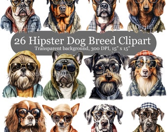 26 Hipster Dog Sublimation PNG, Dressed Dog Breeds Clipart Bundle, Human Animals Printable Wall art, Digital Download