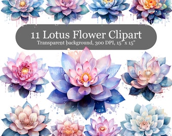 11 Clipart digital de flor de lótus em aquarela, diário de lixo de flor de lótus PNG, pacote de clipart de scrapbooking de lótus