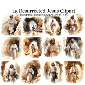 15 Acquerello Gesù Cristo Digital Clipart, PNG di sublimazione della resurrezione di Gesù, Gesù lasciando la grotta stampabile Wall art