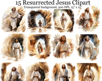 15 Acuarela Jesucristo Digital Clipart, Jesús Resurrección Sublimación PNG, Jesús Dejando la Cueva Arte de pared imprimible