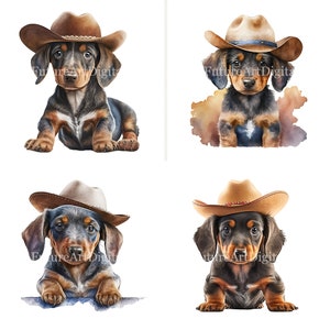 Aquarell Dackel Welpe im Cowboyhut PNG, Dackel Cowboy Sublimation Clipart, Dackel Welpe druckbare Kinderzimmer Wandkunst