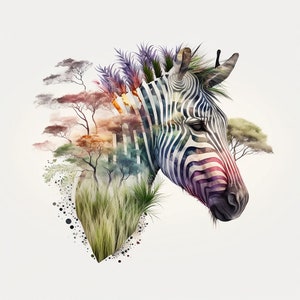 Op de afbeelding: Een kleurrijke abstracte illustratie van een zebrakop met een achtergrond van bomen en bladeren.