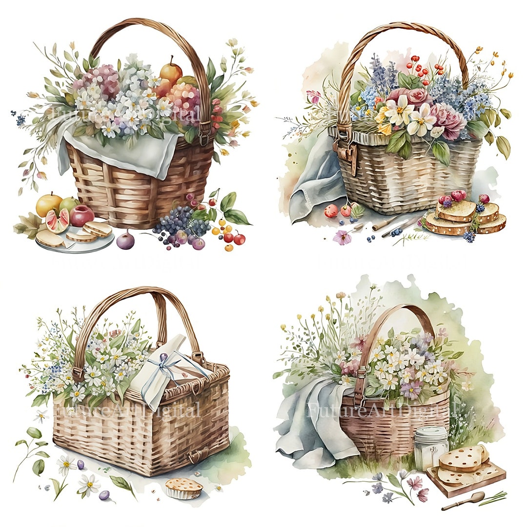 Watercolor Picnic Basket With Flowers Sublimation PNG, Picnic Basket ...