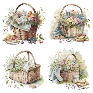 水彩画の花のピクニックバスケット昇華PNG、ピクニックバスケットデジタルクリップアート、ピクニックバスケット印刷可能な壁アート
