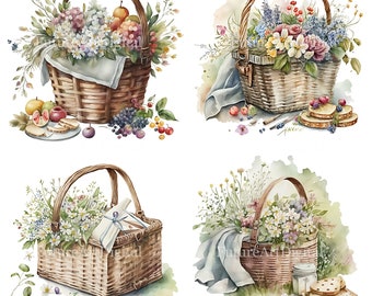 Aquarelle pique-nique panier avec fleurs Sublimation PNG, pique-nique panier Digital Clipart, pique-nique panier imprimable Wall art