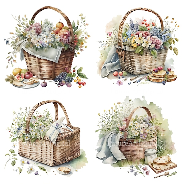 Watercolor Picnic Basket with Flowers Sublimation PNG, Picnic Basket Digital Clipart, Picnic Basket Printable Wall art