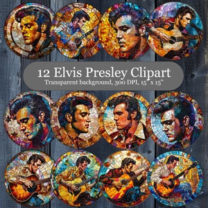 May include: Twelve digital clipart images of Elvis Presley in a mosaic style. Each image features Elvis in a different pose, some with a guitar. The images have a transparent background.