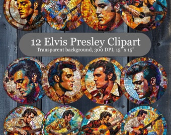 12 Clipart digitale di Elvis Presley in vetro colorato, PNG sublimazione sottobicchiere di Elvis, Arte della parete stampabile in vetro colorato di Elvis Presley
