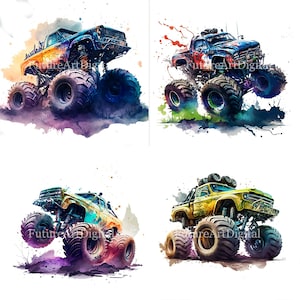 Watercolor Monster Truck Sublimation PNG, Monster Truck Digital Clipart, Monster Truck Printable Wall art