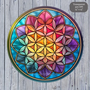 Set von 5 Glasmalereien Blume des Lebens digitale Clipart, Blume des Lebens druckbare Wandkunst, Glasmalereiens Blume des Lebens Sublimation PNG