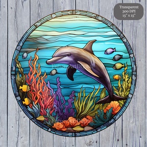 Vitrail dauphin numérique Clipart, art mural imprimable dauphin, vitrail dauphin sublimation PNG
