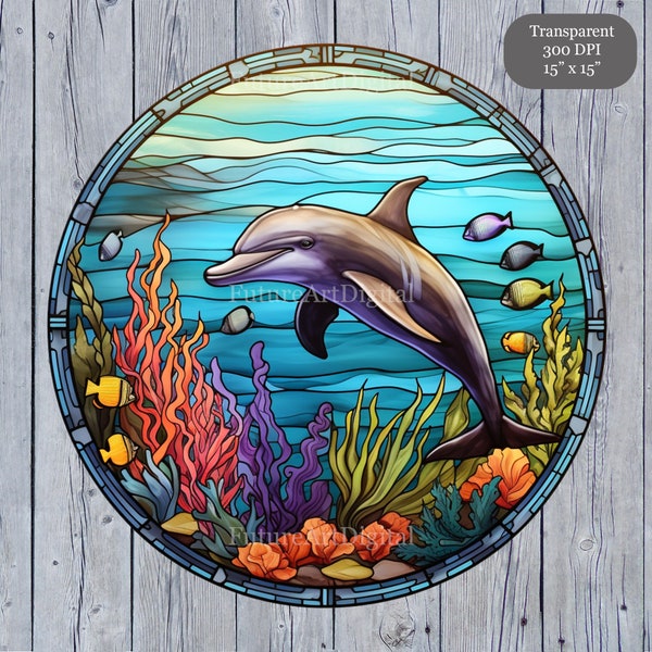 Stained Glass Dolphin Digital Clipart, Dolphin Printable Wall art, Stained Glass Window Dolphin Sublimation PNG