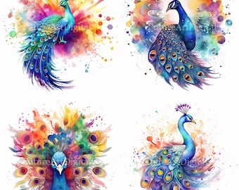 Aquarel Rainbow Peacock digitale clipart, Peacock sublimatie PNG, Peacock afdrukbare muurkunst, digitale download