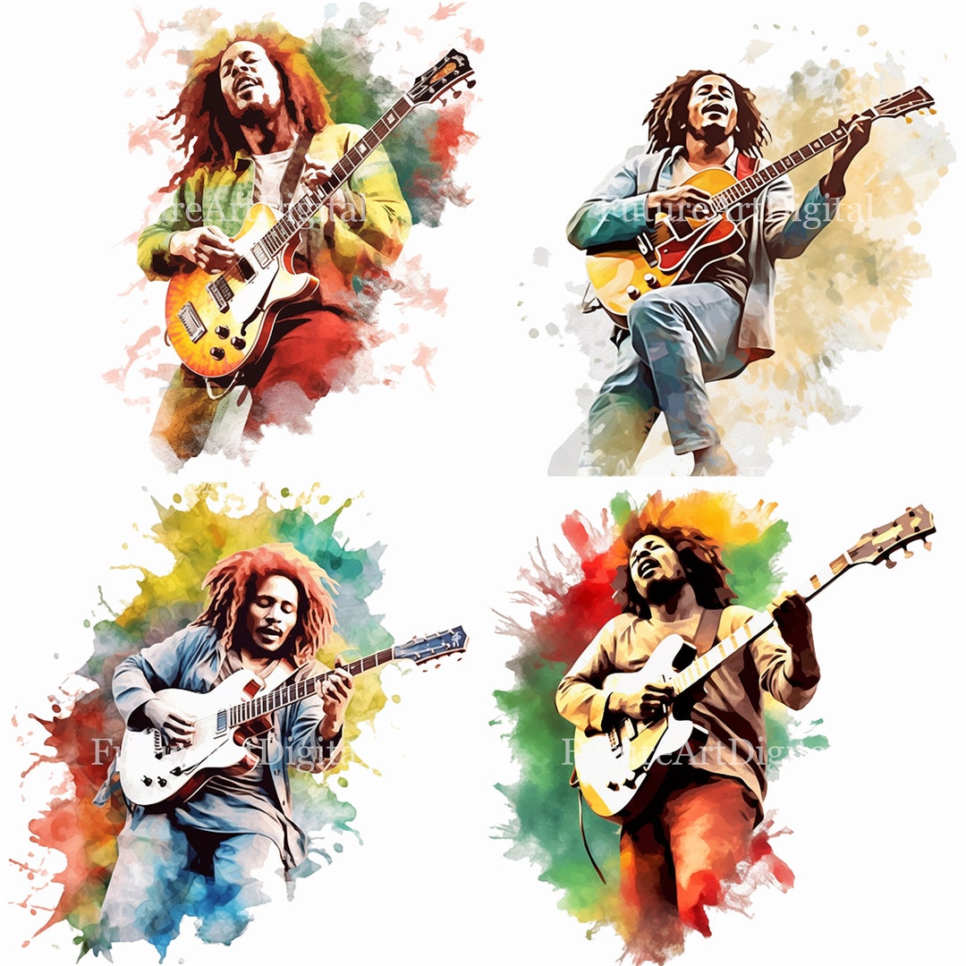 Watercolor Bob Marley Playing Guitar Digital Clipart, Bob Marley