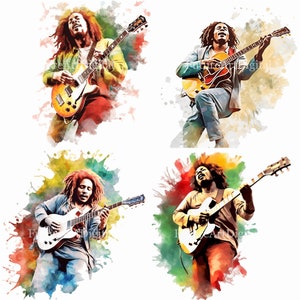 Watercolor Bob Marley Playing Guitar Digital Clipart, Bob Marley Sublimation PNG, Bob Marley Printable Wall art