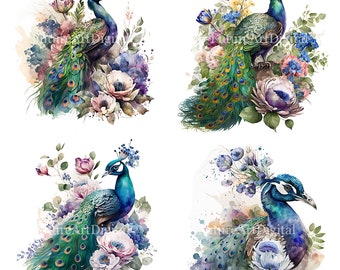 Aquarel Peacock sublimatie PNG, Peacock digitale clipart, Peacock afdrukbare muurkunst, digitale download