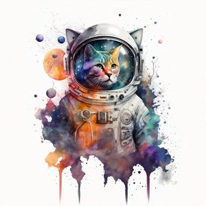 Aquarelle chat de l'espace PNG, art imprimable chat astronaute, chat de l'espace numérique des cliparts pour sublimation, téléchargement numérique