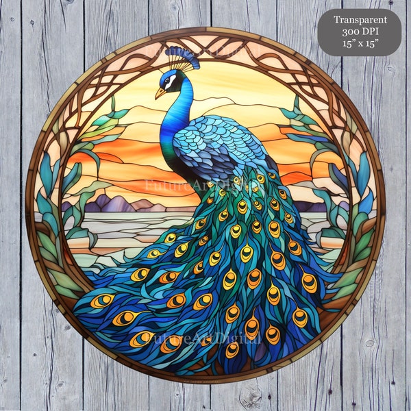 Stained Glass Peacock Digital Print, Stained Glass Window art, Peacock Printable Wall art, Stained Glass Peacock Circle Design