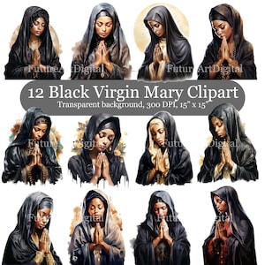 12 aquarel zwarte Maagd Maria digitale clipart, Afro-Amerikaanse Maagd Maria digitale bestanden, zwarte moeder Maria afdrukbare muurkunst