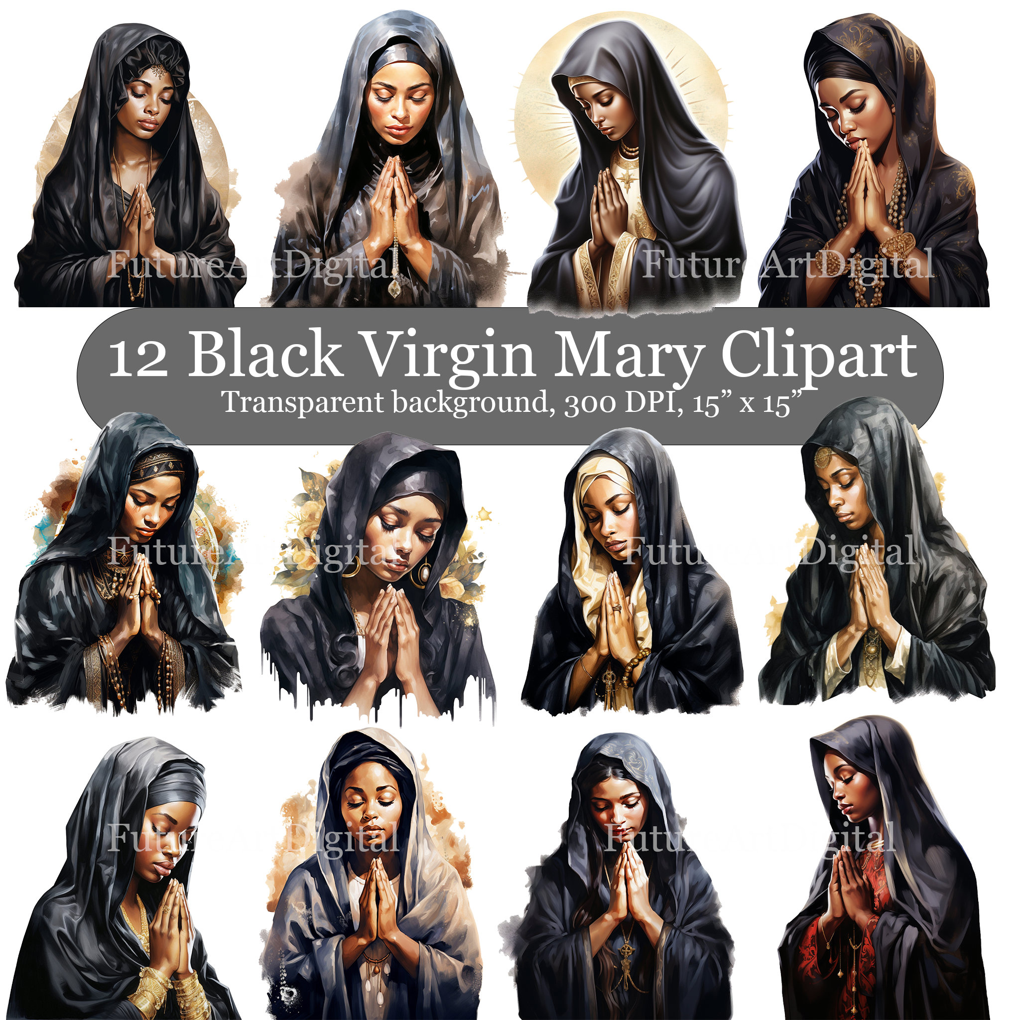 12 Watercolor Black Virgin Mary Digital Clipart, African American Virgin Mary Digital Files, Black Mother Mary Printable Wall art