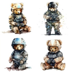 May include: Watercolor illustration of four teddy bears dressed in military gear. Each bear wears a helmet and tactical vest, with variations in uniform colors and poses. The bears are depicted in a seated or standing position.