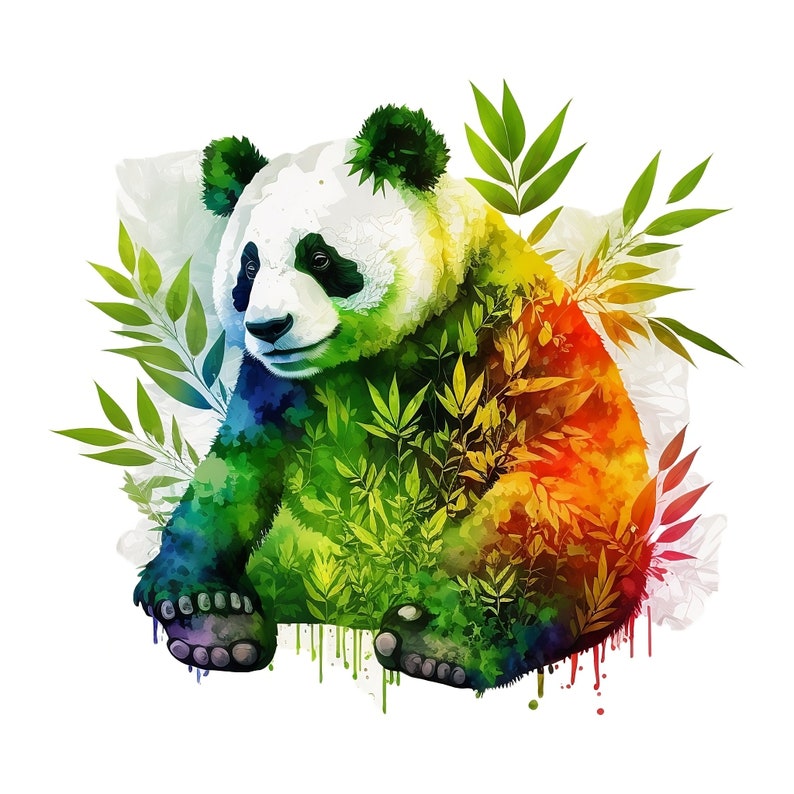 May include: A watercolor painting of a panda bear with a green, orange, and blue color scheme. The panda is surrounded by green leaves and flowers.