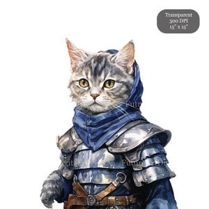 Pode incluir: Uma pintura em aquarela de um gato tigrado cinza vestindo uma armadura de prata e um len&ccedil;o azul. O gato est&aacute; olhando diretamente para o espectador.