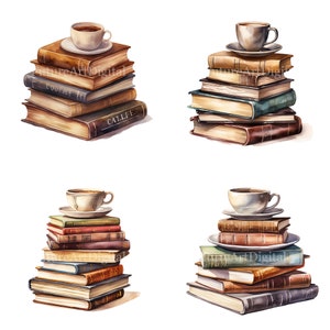 Watercolor Stack of Books Sublimation PNG, Set of 8 Stack of Books with a Cup of Coffee Digital Clipart, Bookstack Printable Wall art