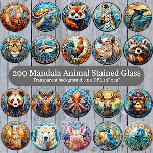 200 vitrais mandala animal clipart digital, grande pacote de vitrais animais, mandala animal sublimação png