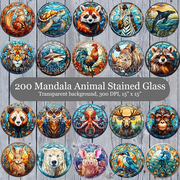 200 Stained Glass Mandala Animal Digital Clipart, Big Bundle of Stained Glass Animals, Mandala Animal Sublimation PNG