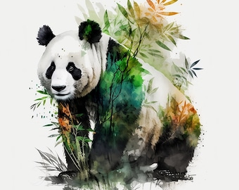 Watercolor Panda PNG, Panda with Bamboo Digital Clipart, Panda Sublimation Design, Digital Download Panda Decor