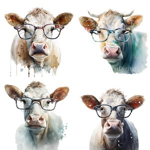Watercolor Cow Wearing Glasses Sublimation Clipart, Cow with Glasses Digital Clipart, Cow Printable Wall art