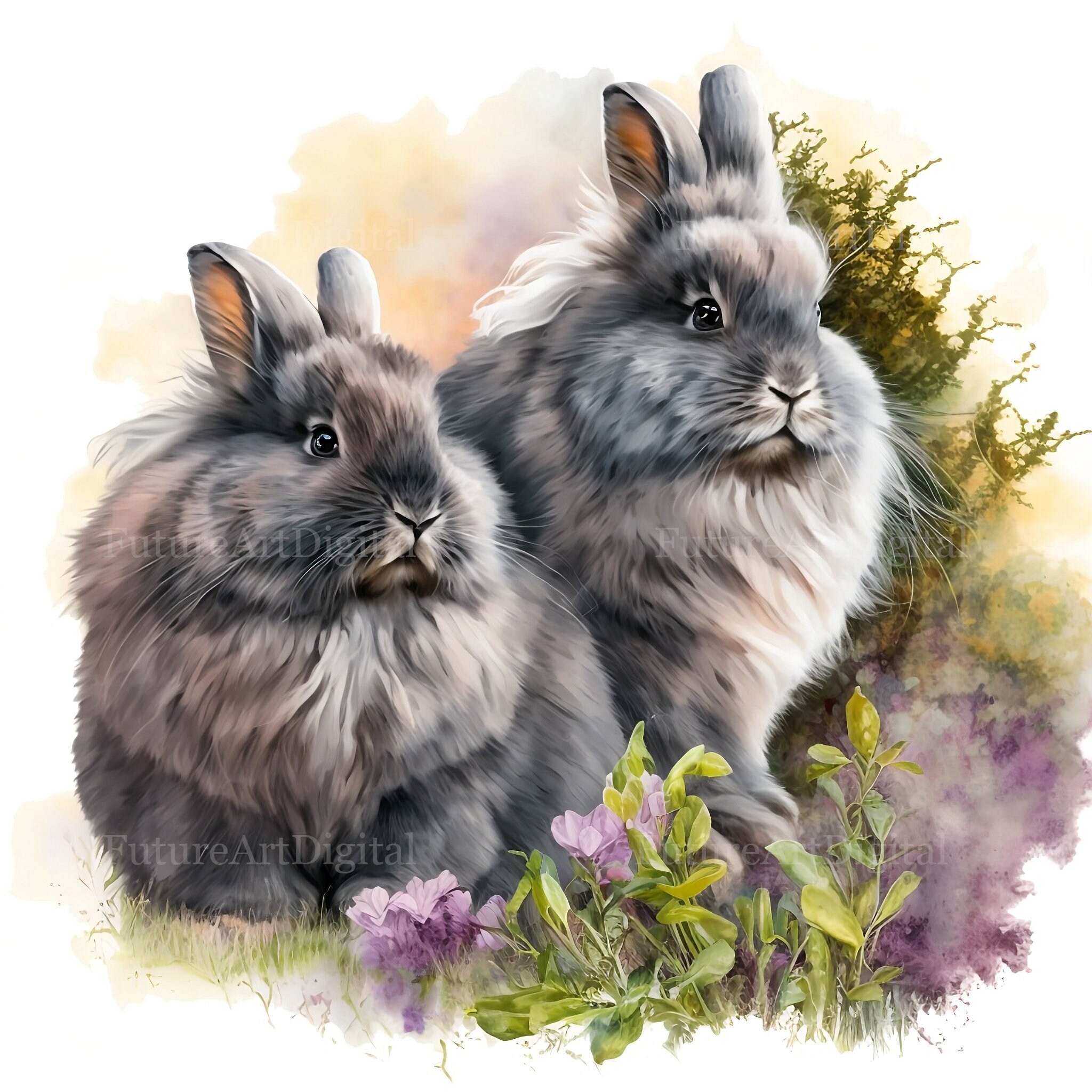 Watercolor Grey Angora Bunny Couple Digital Clipart, Angora Bunnies ...