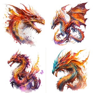 PNG sublimazione del drago di fuoco dell'acquerello, clipart digitale del drago di fuoco, arte della parete stampabile del drago di fuoco
